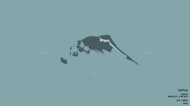 Jaffna bölgesi, Sri Lanka bölgesi, jeoreferatlı bir sınır kutusunda sağlam bir arka planda izole edilmiş. Etiketler. Renkli yükseklik haritası. 3B görüntüleme