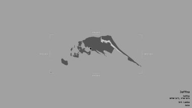 Jaffna bölgesi, Sri Lanka bölgesi, jeoreferatlı bir sınır kutusunda sağlam bir arka planda izole edilmiş. Etiketler. Çift seviyeli yükseklik haritası. 3B görüntüleme