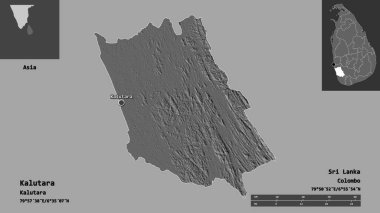 Kalutara 'nın şekli, Sri Lanka ilçesi ve başkenti. Uzaklık ölçeği, ön gösterimler ve etiketler. Çift seviyeli yükseklik haritası. 3B görüntüleme