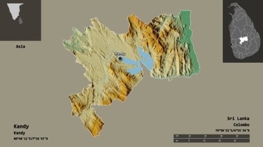 Kandy 'nin şekli, Sri Lanka bölgesi ve başkenti. Uzaklık ölçeği, ön gösterimler ve etiketler. Topografik yardım haritası. 3B görüntüleme