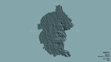 Kegalle bölgesi, Sri Lanka bölgesi, jeoreferatlı bir sınır kutusunda sağlam bir arka planda izole edilmiş. Etiketler. Renkli yükseklik haritası. 3B görüntüleme