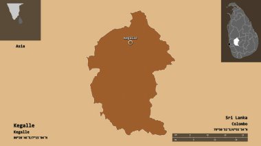 Kegalle Şekli, Sri Lanka Bölgesi ve başkenti. Uzaklık ölçeği, ön gösterimler ve etiketler. Desenli dokuların bileşimi. 3B görüntüleme