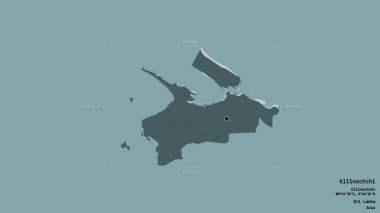 Kilinochchi bölgesi, Sri Lanka bölgesi, katı bir arka planda izole edilmiş bir sınır kutusunda. Etiketler. Renkli yükseklik haritası. 3B görüntüleme