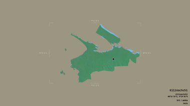 Kilinochchi bölgesi, Sri Lanka bölgesi, katı bir arka planda izole edilmiş bir sınır kutusunda. Etiketler. Topografik yardım haritası. 3B görüntüleme