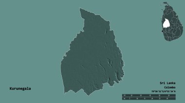 Sri Lanka 'nın Kurunegala ilçesi, başkenti sağlam bir zemine sahip. Uzaklık ölçeği, bölge önizlemesi ve etiketleri. Renkli yükseklik haritası. 3B görüntüleme