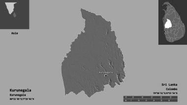 Kurunegala 'nın şekli, Sri Lanka ilçesi ve başkenti. Uzaklık ölçeği, ön gösterimler ve etiketler. Çift seviyeli yükseklik haritası. 3B görüntüleme