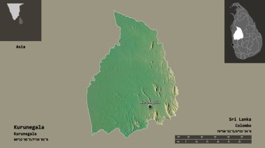 Kurunegala 'nın şekli, Sri Lanka ilçesi ve başkenti. Uzaklık ölçeği, ön gösterimler ve etiketler. Topografik yardım haritası. 3B görüntüleme