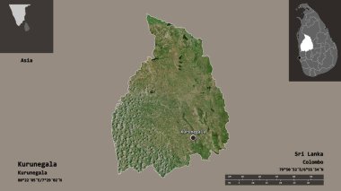Kurunegala 'nın şekli, Sri Lanka ilçesi ve başkenti. Uzaklık ölçeği, ön gösterimler ve etiketler. Uydu görüntüleri. 3B görüntüleme
