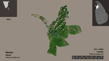 Mannar 'ın şekli, Sri Lanka bölgesi ve başkenti. Uzaklık ölçeği, ön gösterimler ve etiketler. Uydu görüntüleri. 3B görüntüleme