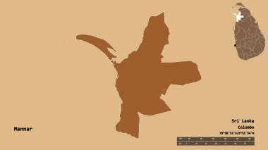 Sri Lanka 'nın Mannar ilçesi, başkenti sağlam bir zemin üzerinde izole edilmiş. Uzaklık ölçeği, bölge önizlemesi ve etiketleri. Desenli dokuların bileşimi. 3B görüntüleme