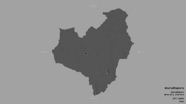 Area of Anuradhapura, district of Sri Lanka, isolated on a solid background in a georeferenced bounding box. Labels. Bilevel elevation map. 3D rendering