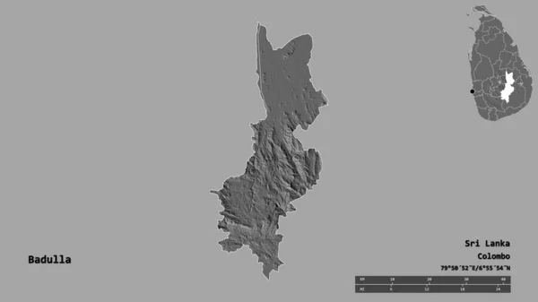 スリランカの地区 バドゥラの形で その首都はしっかりとした背景に隔離されています 距離スケール リージョンプレビュー およびラベル 標高マップ 3Dレンダリング — ストック写真