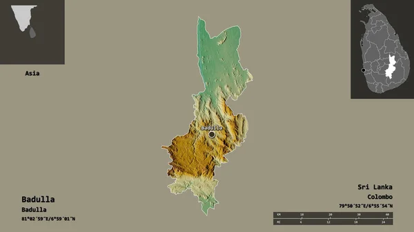 バドゥッラの形 スリランカの地区 およびその首都 距離スケール プレビューおよびラベル 地形図 3Dレンダリング — ストック写真