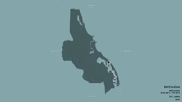 スリランカの地区であるBatticaloa地区は 洗練された境界ボックス内のしっかりとした背景に隔離されています ラベル 色の標高マップ 3Dレンダリング — ストック写真
