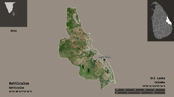 斯里兰卡拜蒂克洛县的形状及其首府 距离刻度 预览和标签 卫星图像 3D渲染 — 图库照片