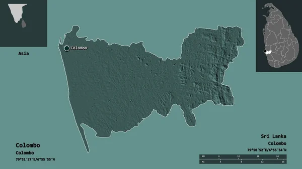 コロンボの形 スリランカの地区 およびその首都 距離スケール プレビューおよびラベル 色の標高マップ 3Dレンダリング — ストック写真