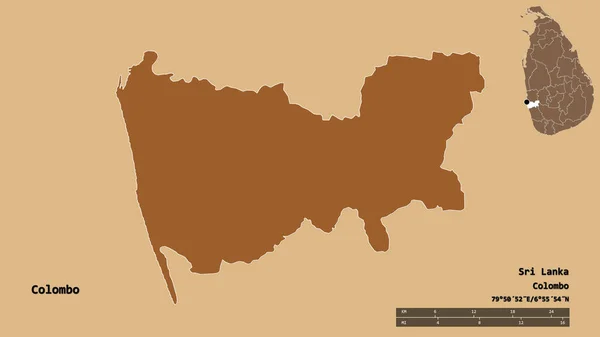 斯里兰卡科伦坡的形状 首都孤立在坚实的背景下 距离尺度 区域预览和标签 图形纹理的组成 3D渲染 — 图库照片