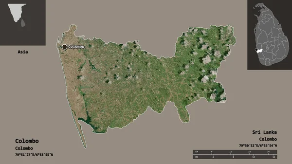 斯里兰卡地区科伦坡的形状及其首都 距离刻度 预览和标签 卫星图像 3D渲染 — 图库照片