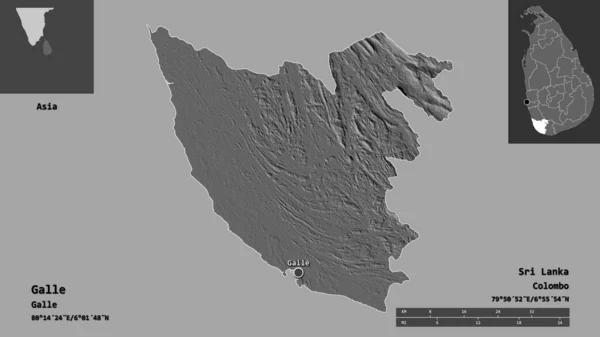 斯里兰卡Galle地区的形状及其首都 距离刻度 预览和标签 Bilevel高程图 3D渲染 — 图库照片