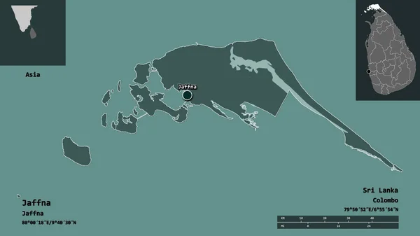 ジャフナの形状 スリランカの地区 およびその首都 距離スケール プレビューおよびラベル 色の標高マップ 3Dレンダリング — ストック写真
