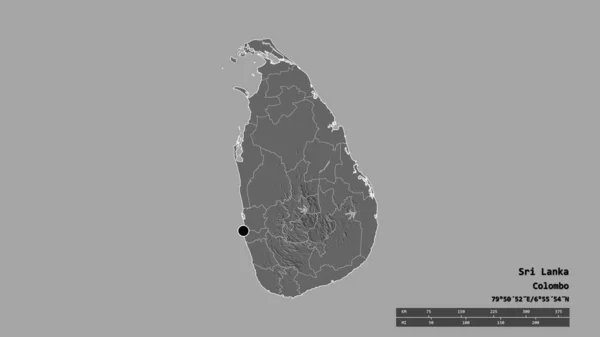 主要な地域部門と分離されたジャフナ地域とスリランカの荒廃した形 ラベル 標高マップ 3Dレンダリング — ストック写真