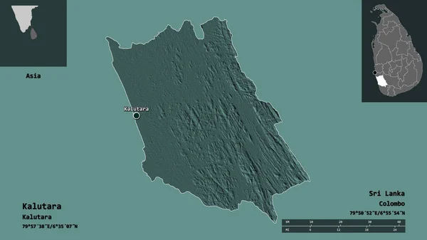 スリランカのカルタラ地区とその首都の形 距離スケール プレビューおよびラベル 色の標高マップ 3Dレンダリング — ストック写真