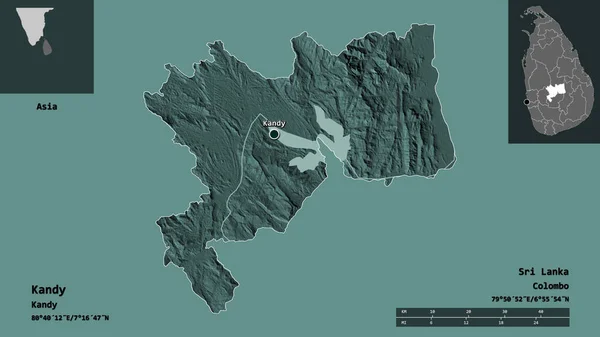 カンディの形 スリランカの地区 およびその首都 距離スケール プレビューおよびラベル 色の標高マップ 3Dレンダリング — ストック写真