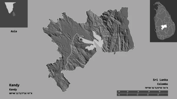 斯里兰卡坎迪地区的形状及其首都 距离刻度 预览和标签 Bilevel高程图 3D渲染 — 图库照片