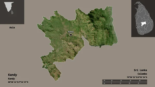 斯里兰卡坎迪地区的形状及其首都 距离刻度 预览和标签 卫星图像 3D渲染 — 图库照片
