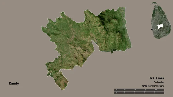 斯里兰卡坎迪地区的形状 其首都在坚实的背景下与世隔绝 距离尺度 区域预览和标签 卫星图像 3D渲染 — 图库照片