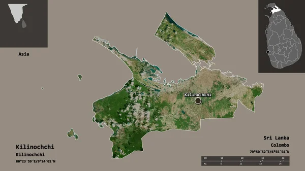 スリランカの郡キリノチとその首都の形 距離スケール プレビューおよびラベル 衛星画像 3Dレンダリング — ストック写真