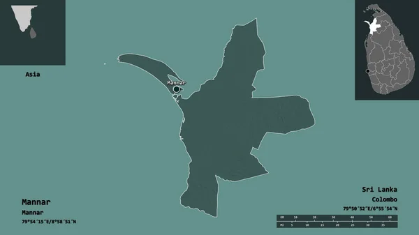 斯里兰卡地区马纳尔的形状及其首都 距离刻度 预览和标签 彩色高程图 3D渲染 — 图库照片
