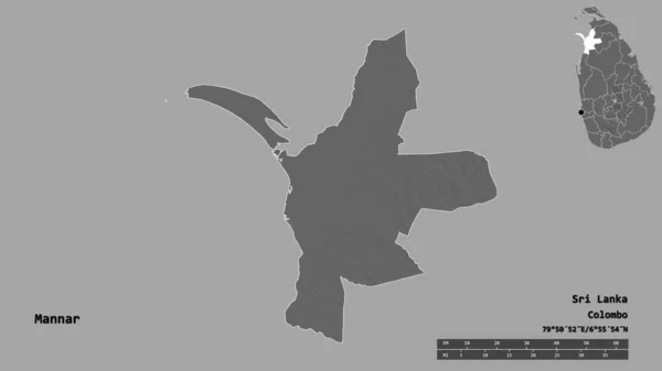 斯里兰卡地区马纳尔的形状 其首都在坚实的背景下与世隔绝 距离尺度 区域预览和标签 Bilevel高程图 3D渲染 — 图库照片