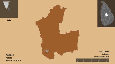Matale 'nin şekli, Sri Lanka bölgesi ve başkenti. Uzaklık ölçeği, ön gösterimler ve etiketler. Desenli dokuların bileşimi. 3B görüntüleme