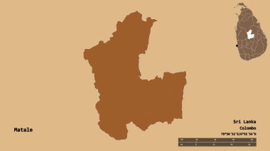 Sri Lanka 'nın Matale ilçesi, başkenti katı bir zemin ile izole edilmiştir. Uzaklık ölçeği, bölge önizlemesi ve etiketleri. Desenli dokuların bileşimi. 3B görüntüleme