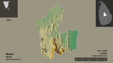 Matale 'nin şekli, Sri Lanka bölgesi ve başkenti. Uzaklık ölçeği, ön gösterimler ve etiketler. Topografik yardım haritası. 3B görüntüleme