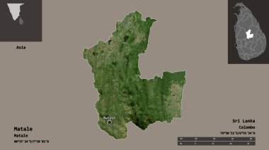 Matale 'nin şekli, Sri Lanka bölgesi ve başkenti. Uzaklık ölçeği, ön gösterimler ve etiketler. Uydu görüntüleri. 3B görüntüleme