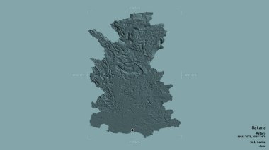 Matara bölgesi, Sri Lanka bölgesi, jeoreferatlı bir sınır kutusunda sağlam bir arka planda izole edilmiş. Etiketler. Renkli yükseklik haritası. 3B görüntüleme