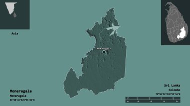 Moneragala 'nın şekli, Sri Lanka bölgesi ve başkenti. Uzaklık ölçeği, ön gösterimler ve etiketler. Renkli yükseklik haritası. 3B görüntüleme