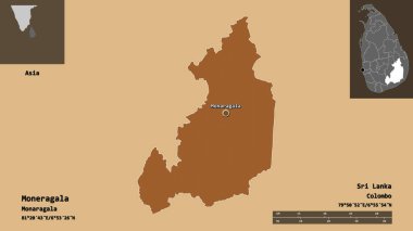 Moneragala 'nın şekli, Sri Lanka bölgesi ve başkenti. Uzaklık ölçeği, ön gösterimler ve etiketler. Desenli dokuların bileşimi. 3B görüntüleme