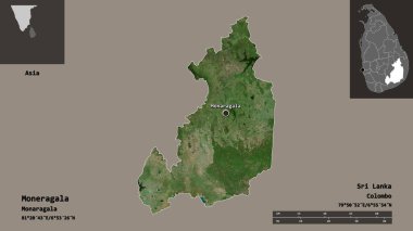 Moneragala 'nın şekli, Sri Lanka bölgesi ve başkenti. Uzaklık ölçeği, ön gösterimler ve etiketler. Uydu görüntüleri. 3B görüntüleme