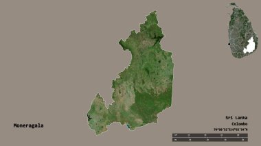 Sri Lanka 'nın Sri Lanka ilçesi Moneragala' nın başkenti, sağlam bir arka planla izole edilmiştir. Uzaklık ölçeği, bölge önizlemesi ve etiketleri. Uydu görüntüleri. 3B görüntüleme