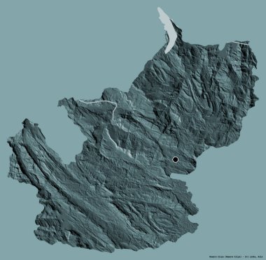 Nuwara Eliya 'nın şekli, Sri Lanka bölgesi, başkenti katı renk arka planında izole edilmiş. Renkli yükseklik haritası. 3B görüntüleme
