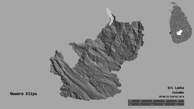 Nuwara Eliya 'nın şekli, Sri Lanka bölgesi, başkenti sağlam arka planda izole edilmiş. Uzaklık ölçeği, bölge önizlemesi ve etiketleri. Çift seviyeli yükseklik haritası. 3B görüntüleme