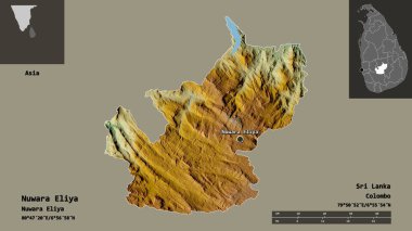 Nuwara Eliya 'nın şekli, Sri Lanka bölgesi ve başkenti. Uzaklık ölçeği, ön gösterimler ve etiketler. Topografik yardım haritası. 3B görüntüleme