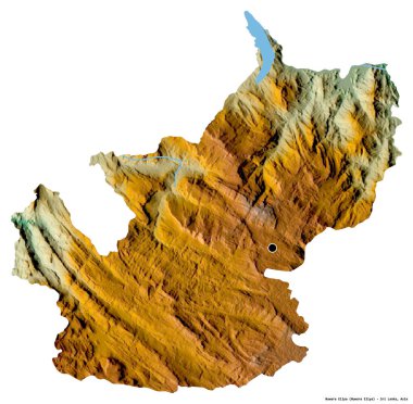 Nuwara Eliya 'nın şekli, Sri Lanka bölgesi, başkenti beyaz arka planda izole edilmiş. Topografik yardım haritası. 3B görüntüleme