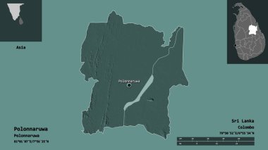 Polonnaruwa 'nın şekli, Sri Lanka bölgesi ve başkenti. Uzaklık ölçeği, ön gösterimler ve etiketler. Renkli yükseklik haritası. 3B görüntüleme