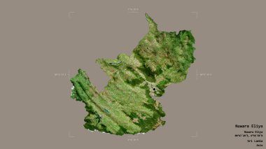 Nuwara Eliya bölgesi, Sri Lanka bölgesi, katı bir arka planda izole edilmiş bir sınır kutusunda. Etiketler. Uydu görüntüleri. 3B görüntüleme