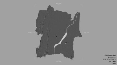 Polonnaruwa bölgesi, Sri Lanka bölgesi, katı bir arka planda izole edilmiş bir sınır kutusunda. Etiketler. Çift seviyeli yükseklik haritası. 3B görüntüleme