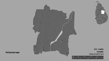 Sri Lanka 'nın Polonnaruwa ilçesi, başkenti sağlam arka planda izole edilmiştir. Uzaklık ölçeği, bölge önizlemesi ve etiketleri. Çift seviyeli yükseklik haritası. 3B görüntüleme